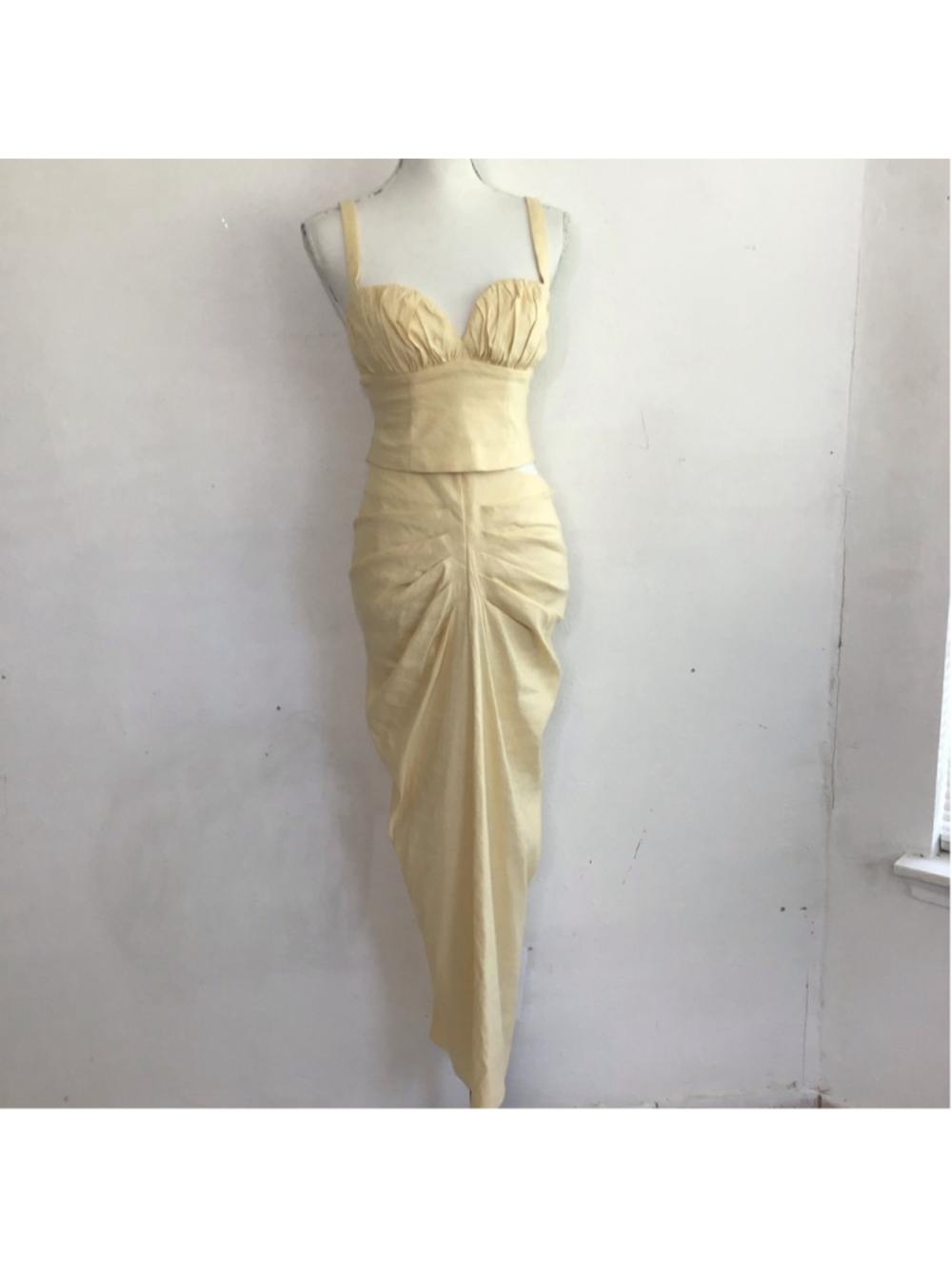 LPA Women Elegant Buttery yellow Ruched Bustier Crop Top & Maxi Skirt Set XXS